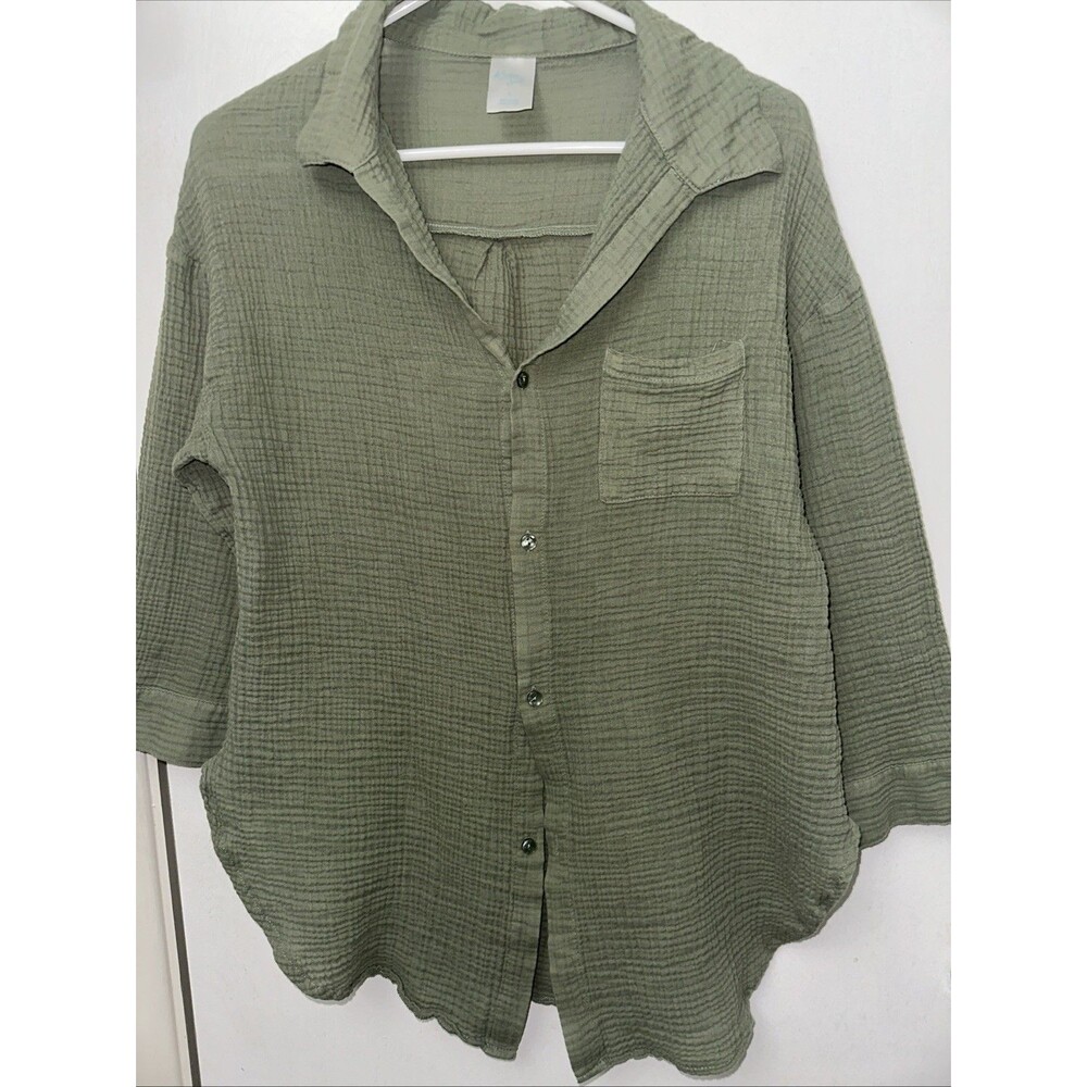 Kona Sol Green Womens Long Sleeve Blouse Sz S Sheer Puckered Shirt Top